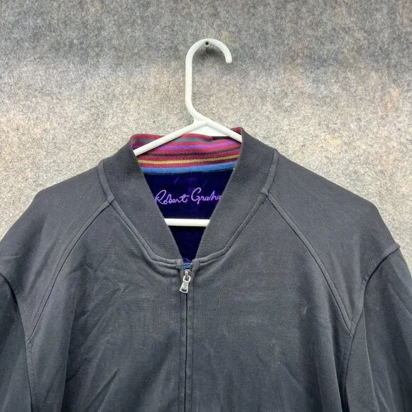 Robert Graham Bomber Jacket Men Large Black Purple Full Zip Classic Fleece Rare - Picture 8 of 13